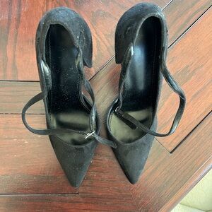 Pointed-Toe Black Suede Women's Heels with Ankle Strap